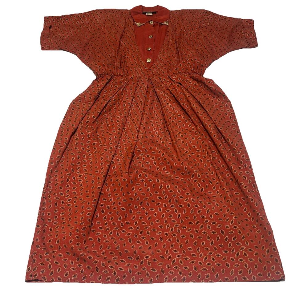 Vintage 80’s Midi Dress Collard Made In USA Elastic Waist Cottagecore Size 9/10